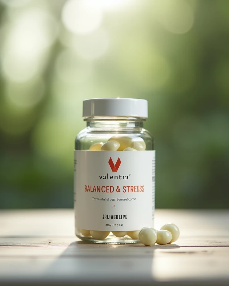 Valentra balanced complex supplement bottle with premium packaging